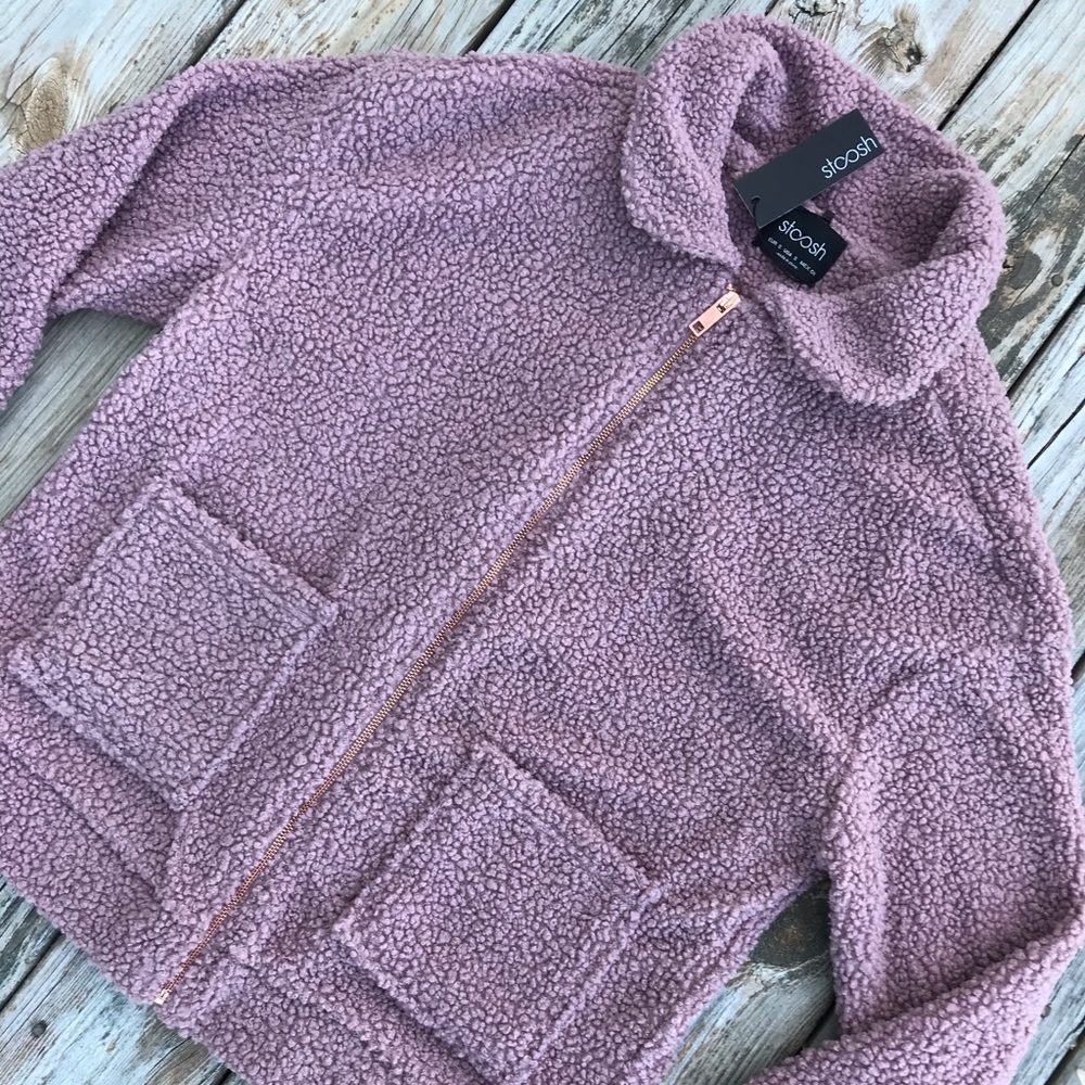 Womens Teddy Sherpa Jacket Mauve Pink Fleece Zip Cozy Jacket Small NWT